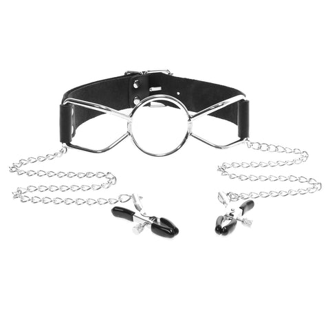 Large Open Mouth Gag With Nipple Clamps