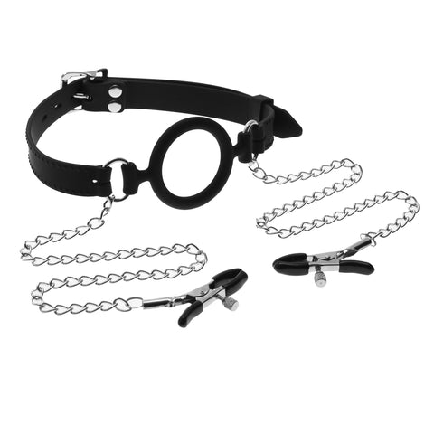 Silicone O Ring Gag With Nipple Clamps