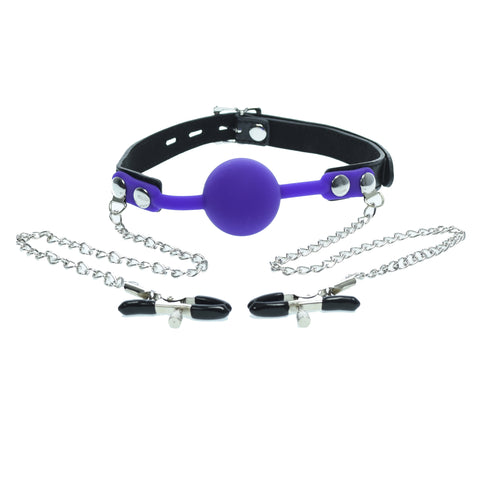 Purple Silicone Gag Ball With Nipple Clamps