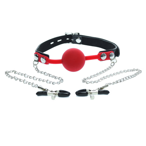 Red Silicone Gag Ball with Nipple Clamps