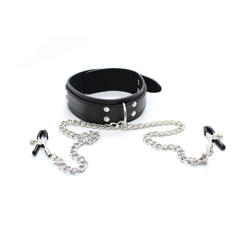 Leather Collar With Nipple Clamps