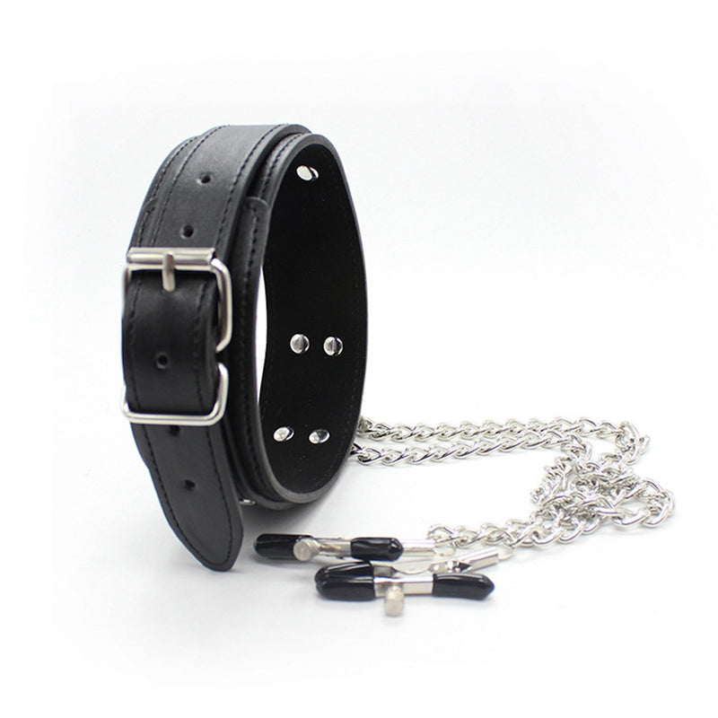 Leather Collar With Nipple Clamps