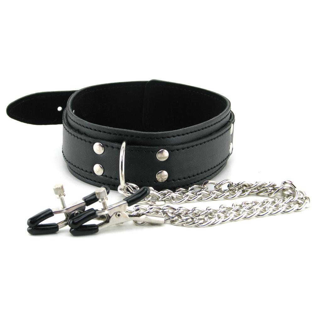 Leather Collar With Nipple Clamps