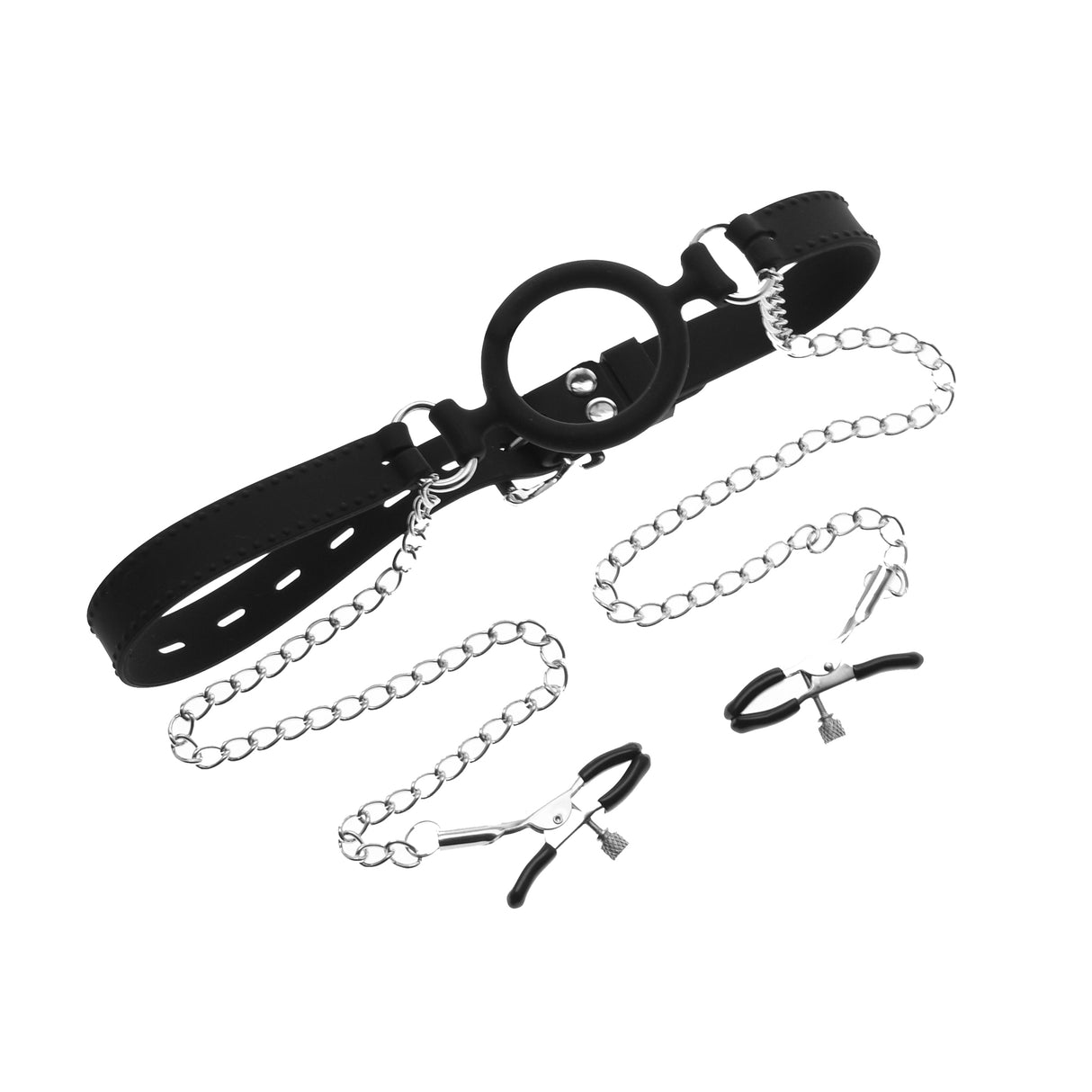 Silicone O Ring Gag With Nipple Clamps