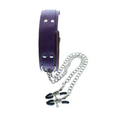 Purple Leather Neck Collar With Nipple Clamps