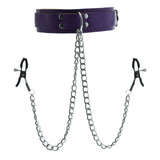 Purple Leather Neck Collar With Nipple Clamps