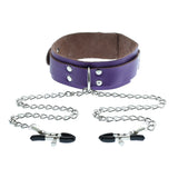 Purple Leather Neck Collar With Nipple Clamps