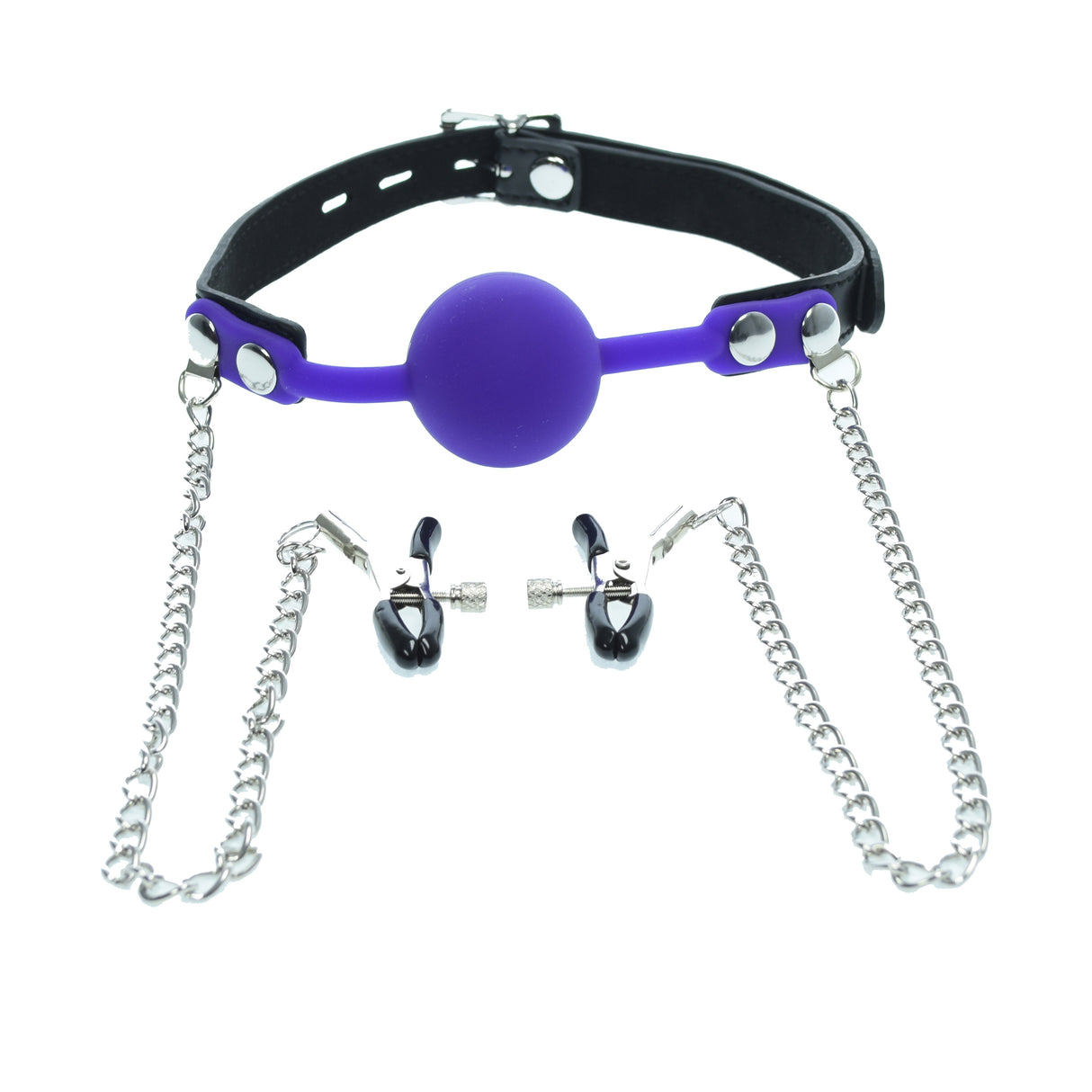 Purple Silicone Gag Ball With Nipple Clamps