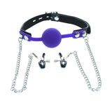 Purple Silicone Gag Ball With Nipple Clamps