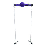 Purple Silicone Gag Ball With Nipple Clamps