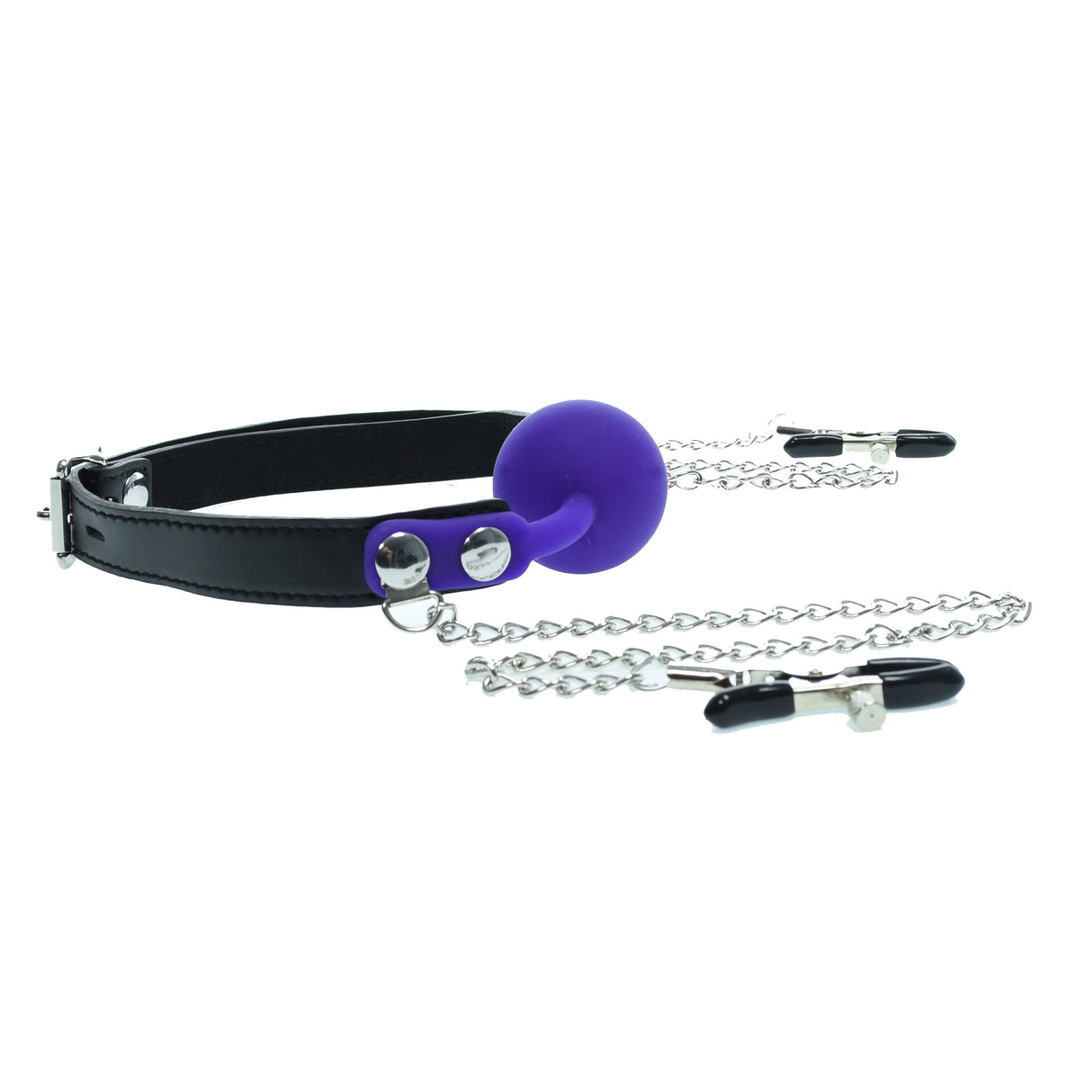 Purple Silicone Gag Ball With Nipple Clamps