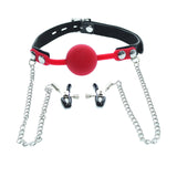 Red Silicone Gag Ball with Nipple Clamps