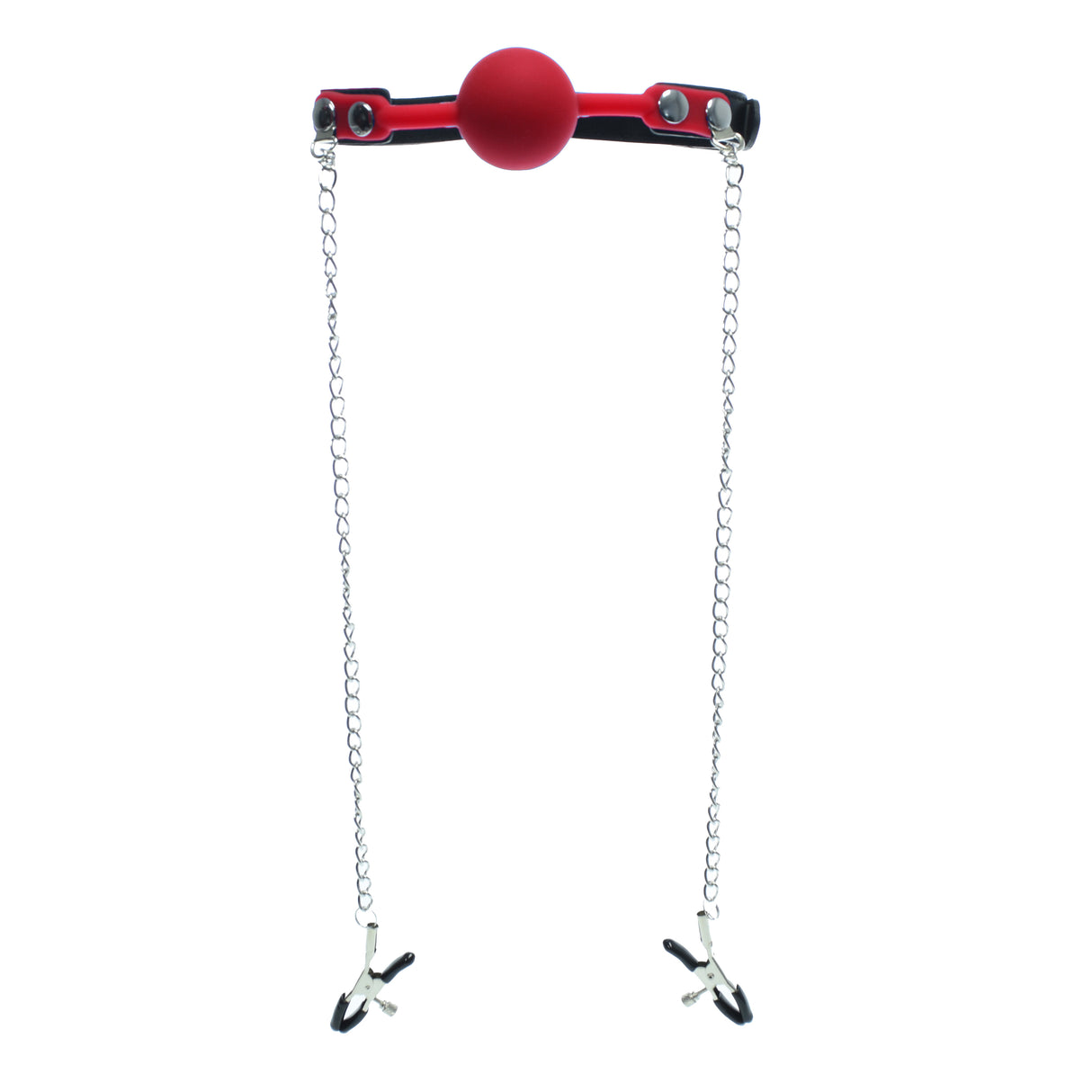 Red Silicone Gag Ball with Nipple Clamps